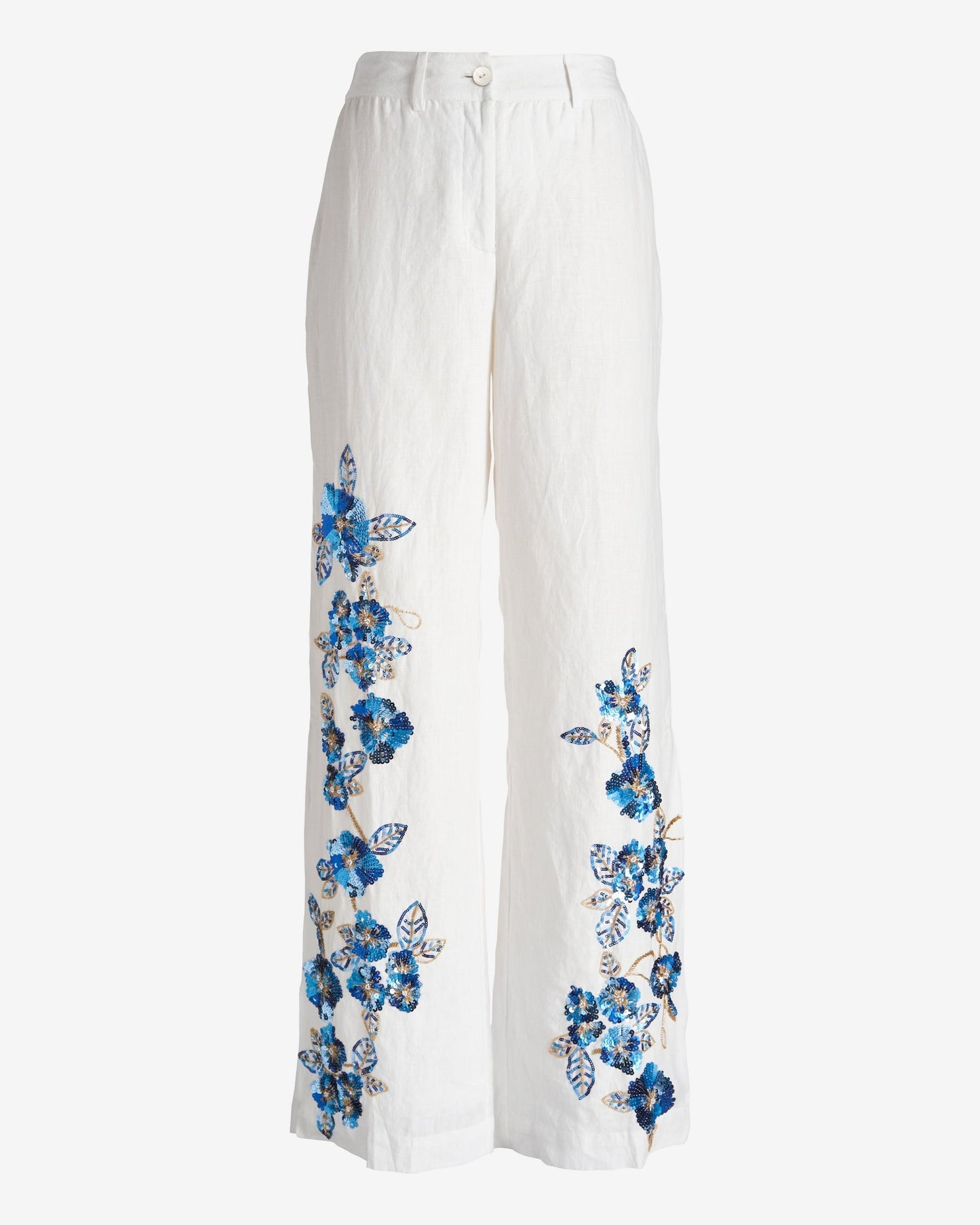 Floral Sequin Side Slit Linen Pant White