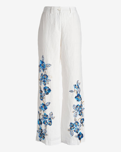 Floral Sequin Side Slit Linen Pant White