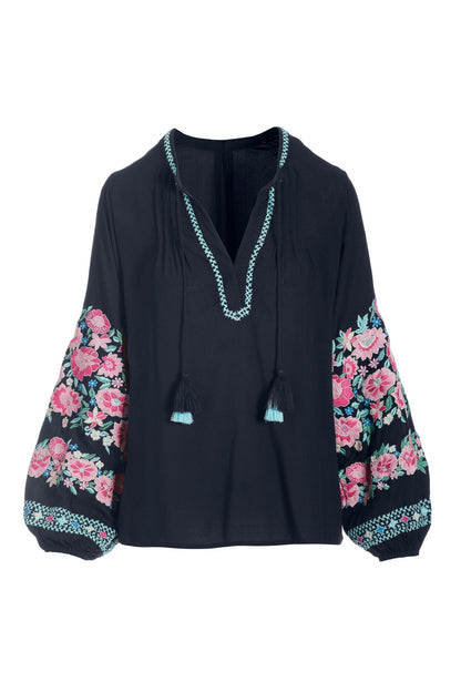 Embroidered Balloon Sleeve V Neck Blouse Black Multi