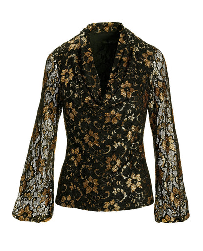 Embellished Cowl Neck Lace Top Black/Gold
