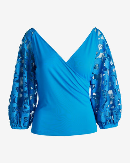 Embroidered Lace Sleeve Surplice Knit Top Blithe Blue