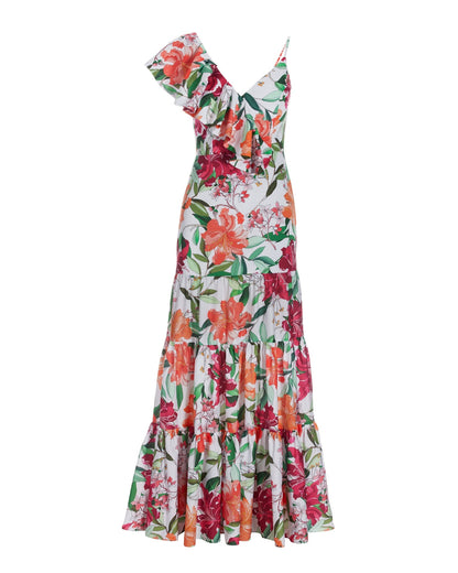 Hibiscus Dreams Print Asymmetrical Ruffle Detail Maxi Dress Purple