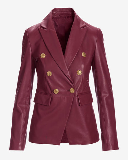 Genuine Leather Double Breasted Blazer Wine