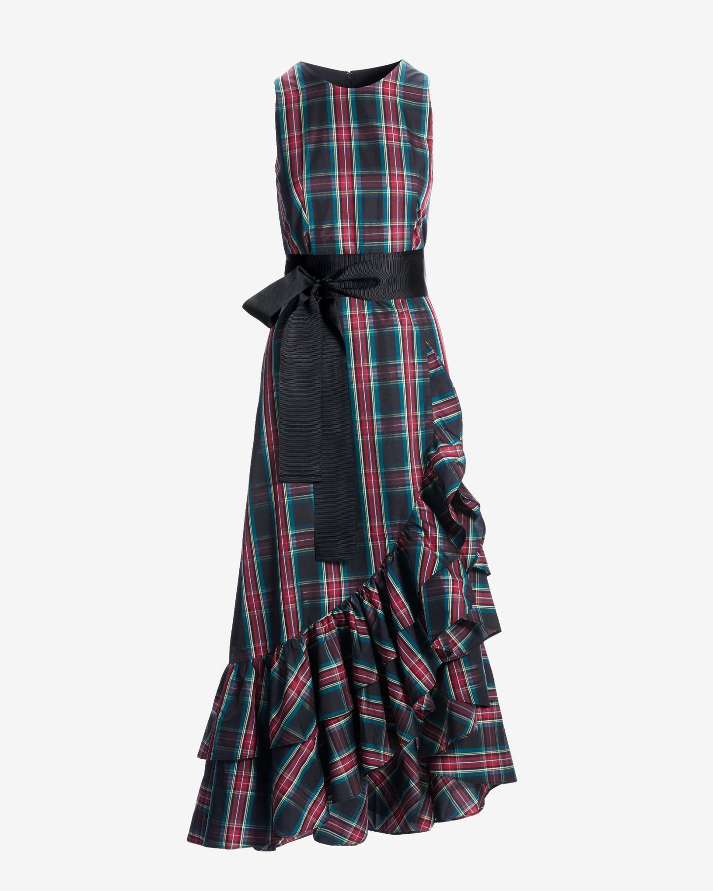 High Neck Plaid Ruffle Gown Black Multi