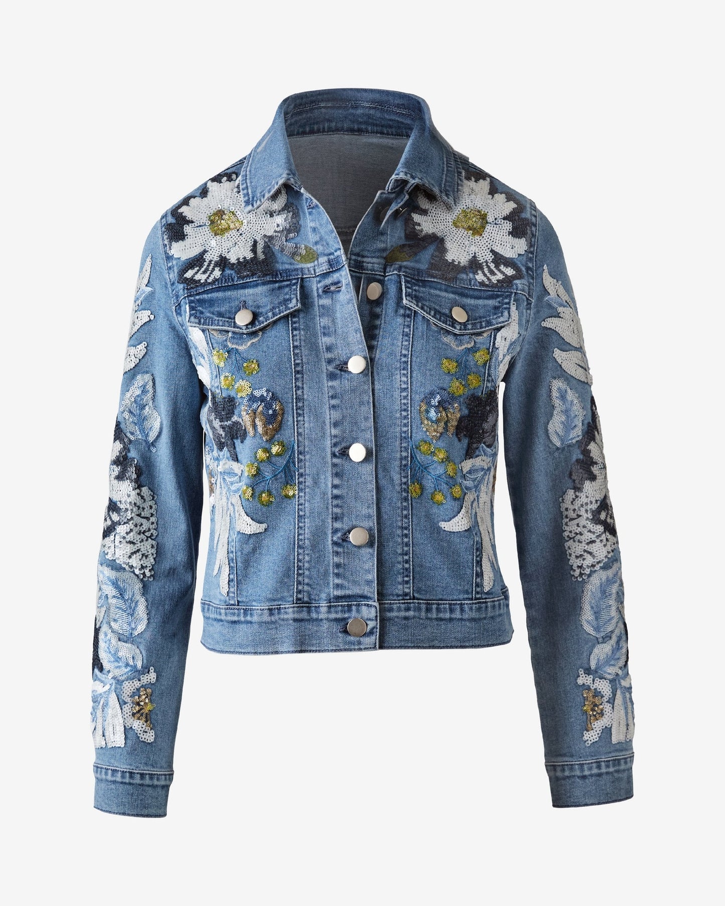 Floral Sequin Embellished Denim Jacket Medium Wash