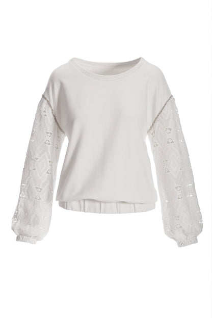 Embellished Lace Sleeve Sweatshirt White
