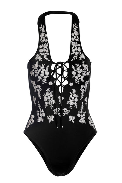 Embroidered Plunge One Piece Black
