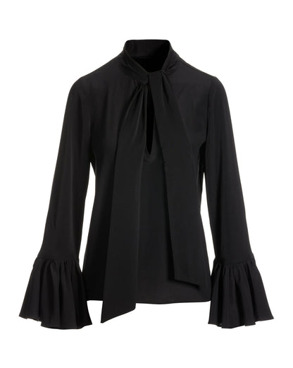 Keyhole Tie Neck Ruffle Sleeve Blouse Black