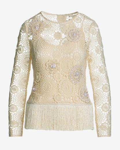 Embellished Crochet Fringe Pullover Natural
