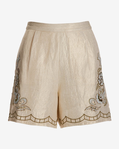 Gold Shimmer Beaded and Embroidered Trouser Short Tan/White