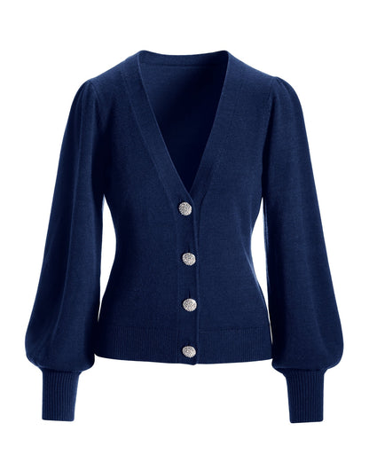 Embellished Button Puff Sleeve Cardigan Navy