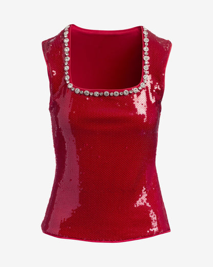 Embellished Sequin Knit Top Tango Red
