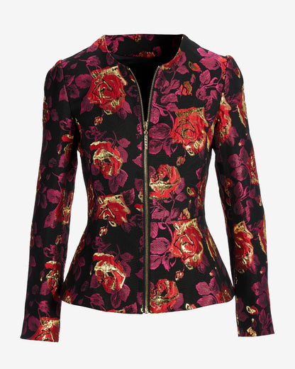 Floral Metallic Jacquard Peplum Collarless Zip Jacket Black Multi
