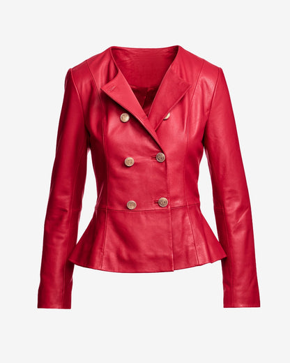 Genuine Leather Double Breasted Peplum Jacket Rose Red