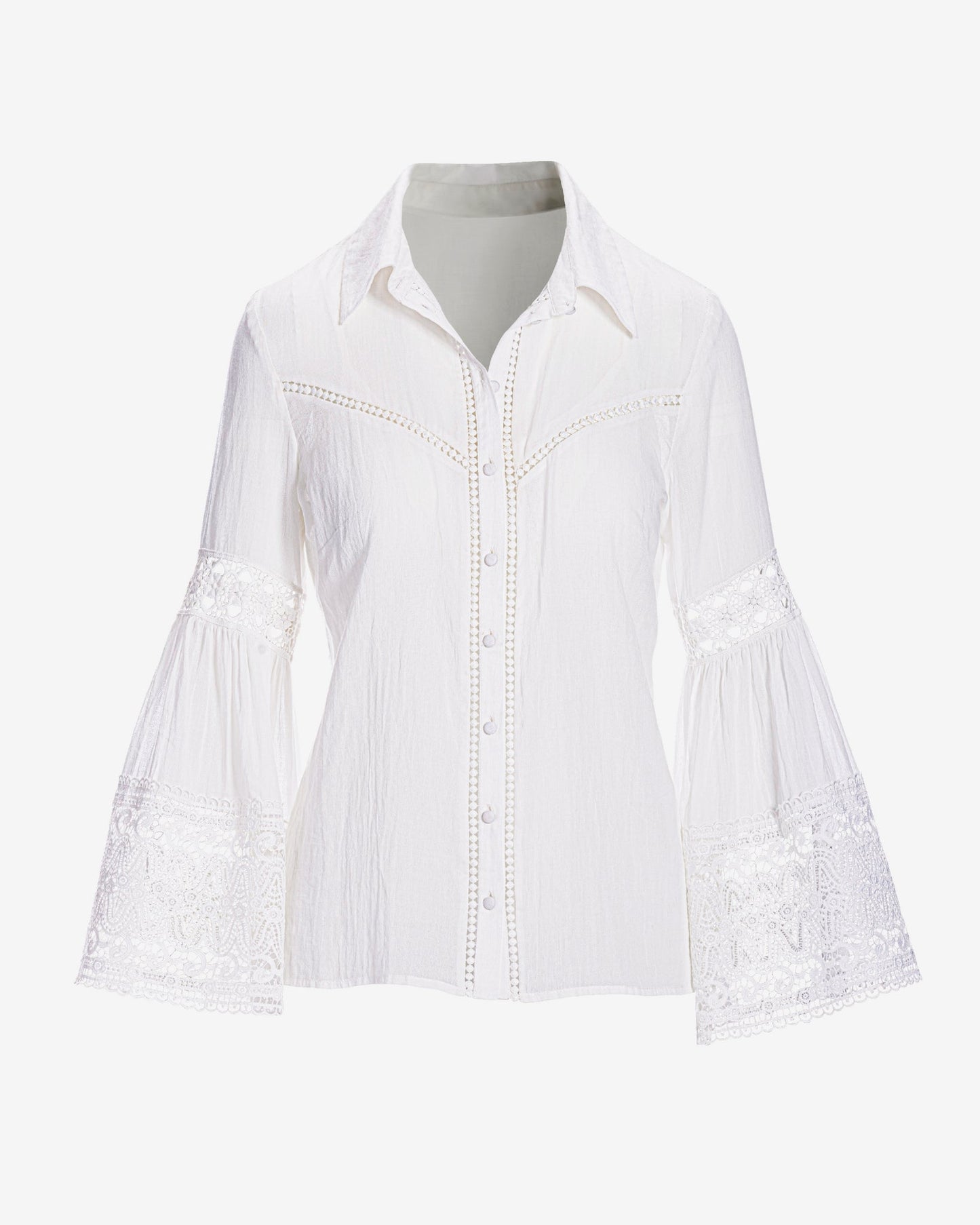Flare sleeve Lace Trim Cotton Button Up Shirt White