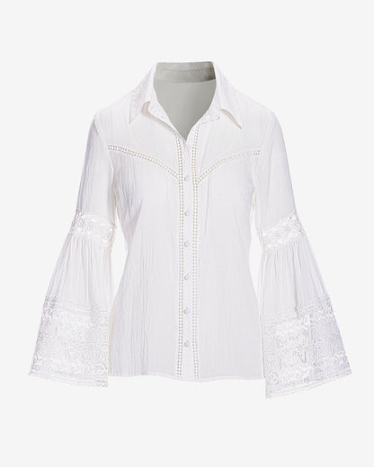 Flare sleeve Lace Trim Cotton Button Up Shirt White