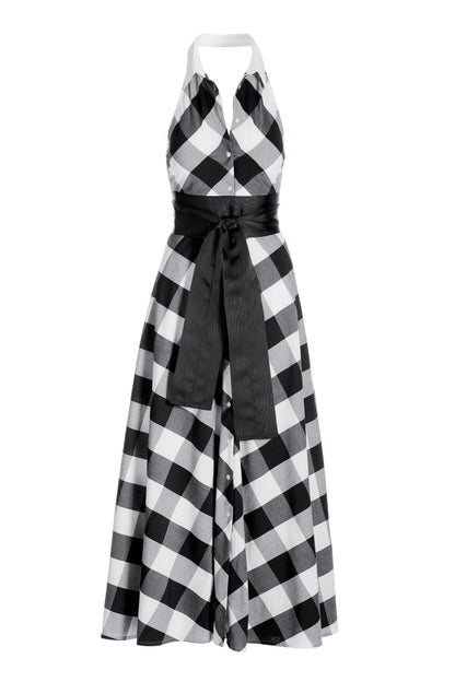 Gingham Wrap Belt Maxi Dress Black/White