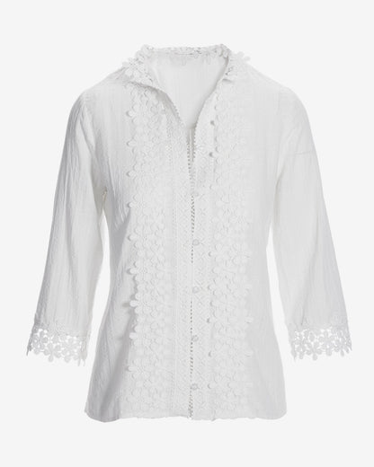 Floral Lace Button Up Cotton Shirt Off White