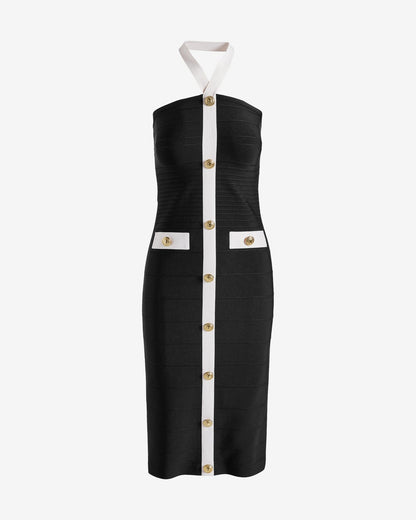 Halter Neck Color Block Bandage Sheath Dress Black/White