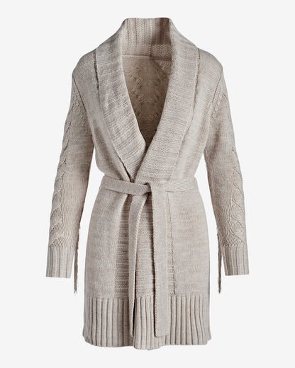 Fringe Mid Length Tie Waist Cardigan Heather Oatmeal
