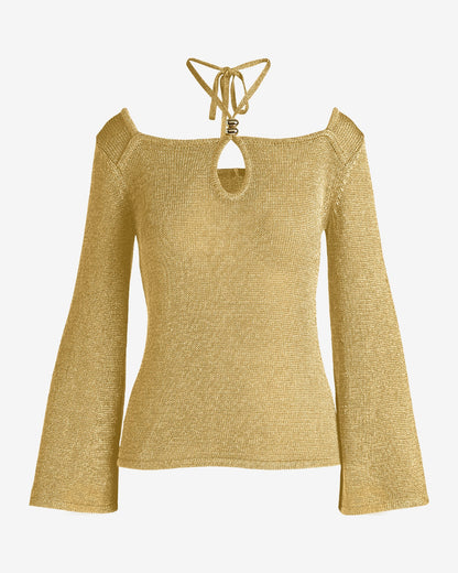 Keyhole Cut Out Flare Sleeve Metallic Sweater with Strap Detail Gold Metallic
