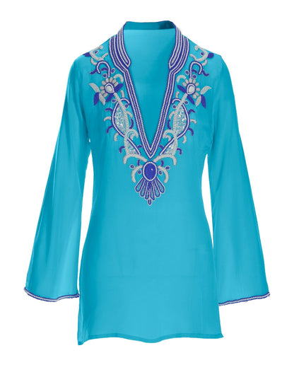 Embellished V Neck Resort Tunic Splash Blue
