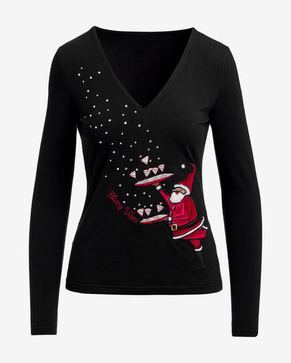 Festive Santa Long Sleeve Top Black Multi