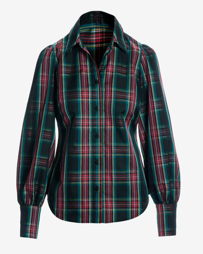 Holiday Multi Plaid Victoria Drama Sleeve Shirt Black Multi
