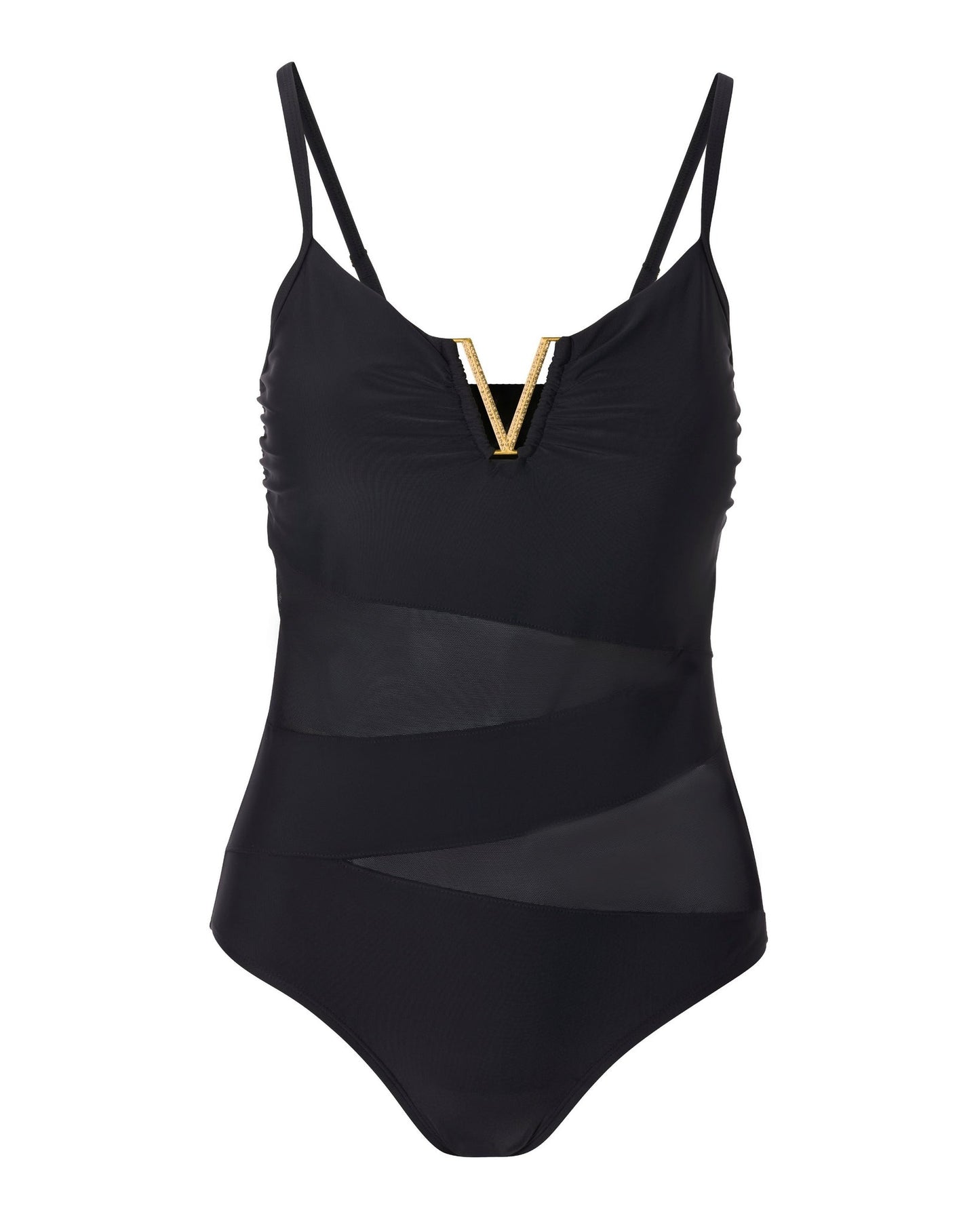 Embellished V-Neck Hardware Mesh One-Piece Swimsuit Black