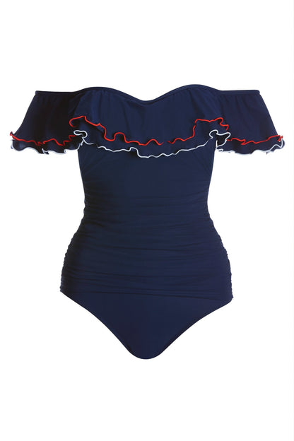 Double Layer Flounce Off The Shoulder Tankini Swimsuit Navy