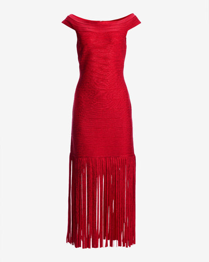 Fringe Trim Metallic Bandage Dress Racing Red