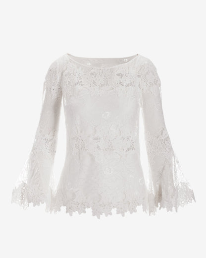 Flare Sleeve Boat Neck Lace Blouse Ivory