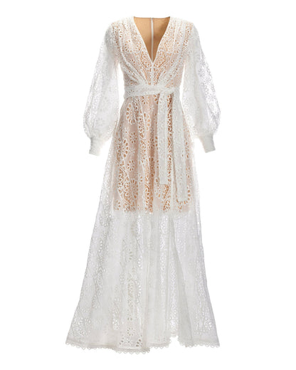 Lace Balloon-Sleeve Slit Maxi Dress White