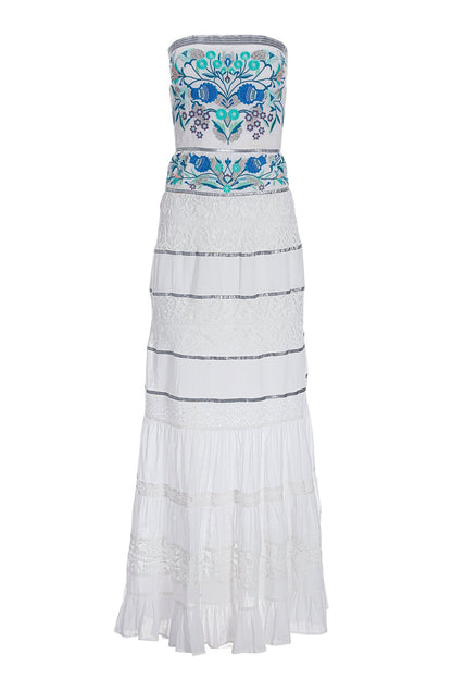 Embroidered and Embellished Lace Inset Maxi White Blue Multi