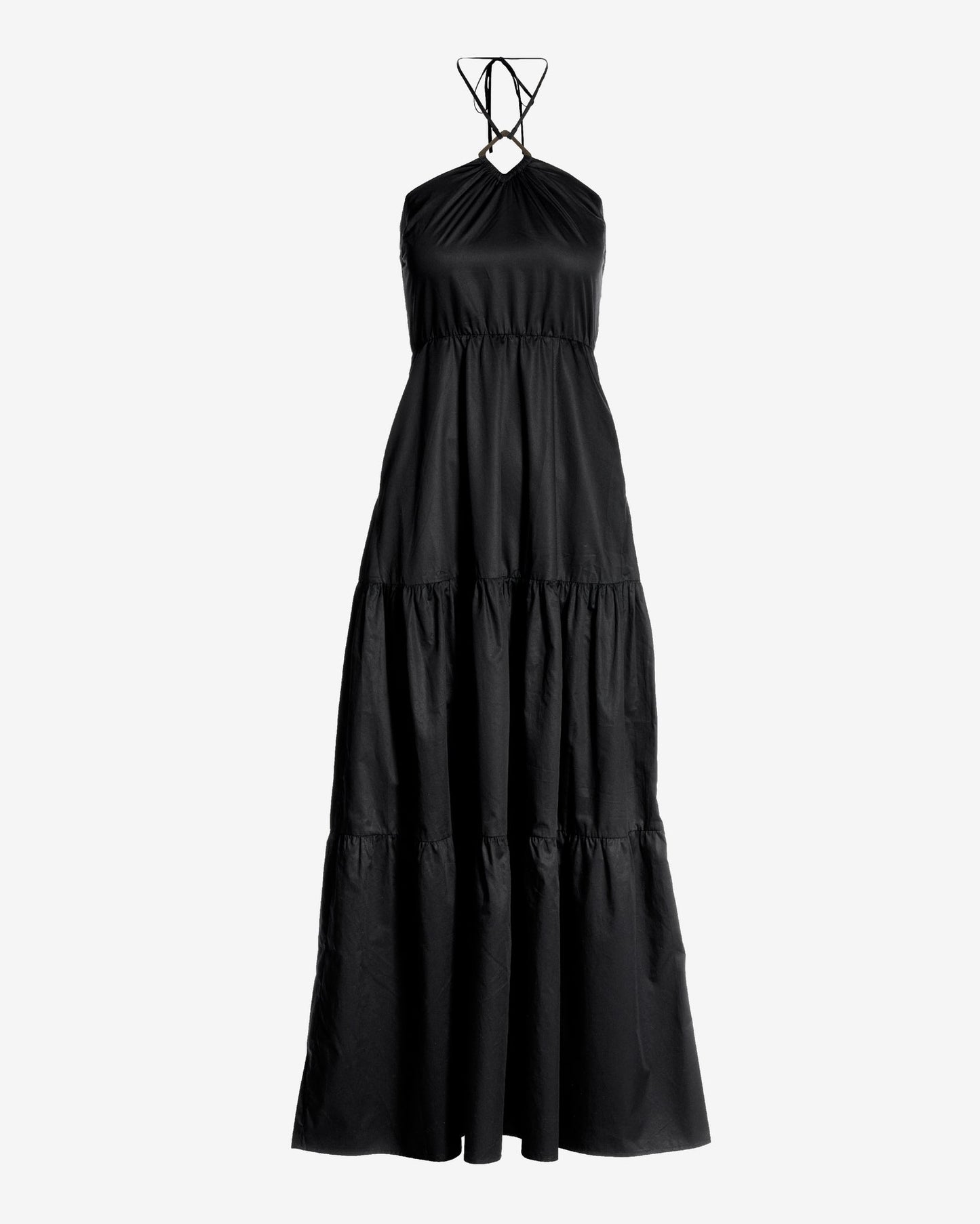 Hardware Halter Tiered Poplin Maxi Dress Black