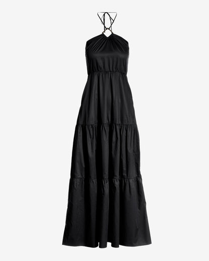 Hardware Halter Tiered Poplin Maxi Dress Black