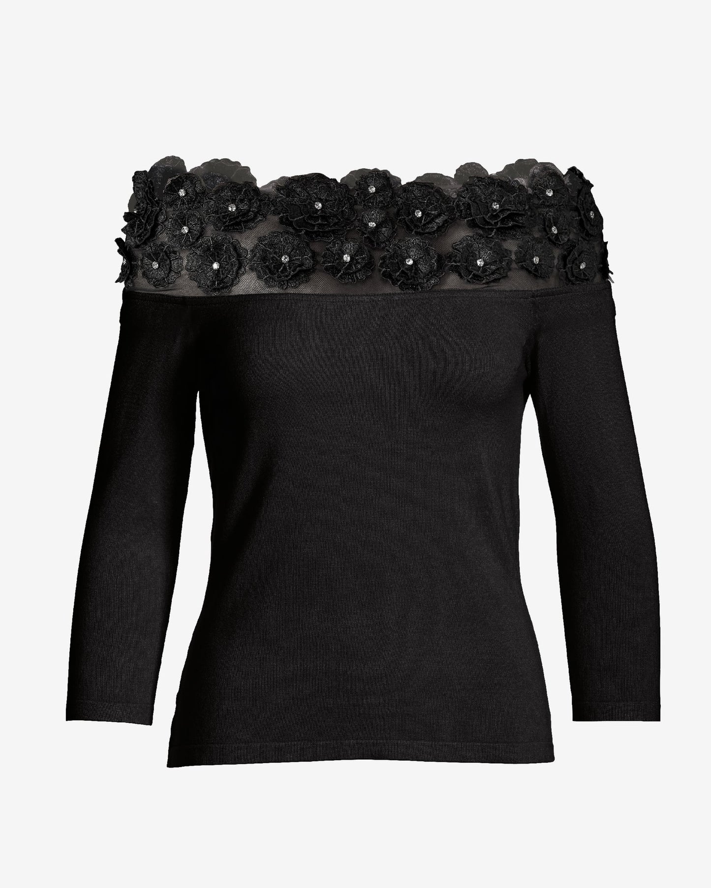 Floral Embellished Off the Shoulder Sweater Black