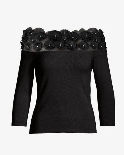 Floral Embellished Off the Shoulder Sweater Black