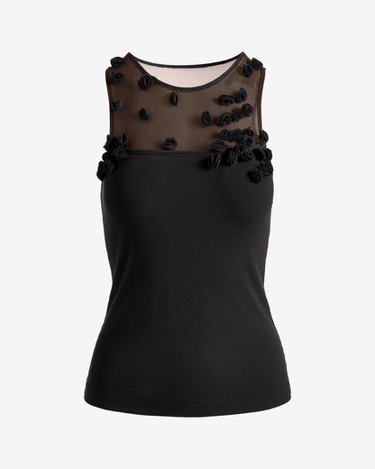 Floral Appliqué Mesh Knit Top Black