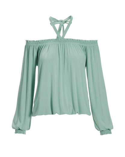 Halter Strap Off-The-Shoulder Effortless Knit Top Sage