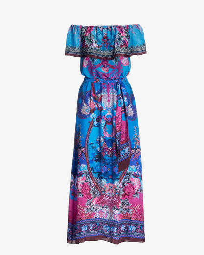 Floral Border Print Ruffle Off The Shoulder Maxi Dress Blue Multi