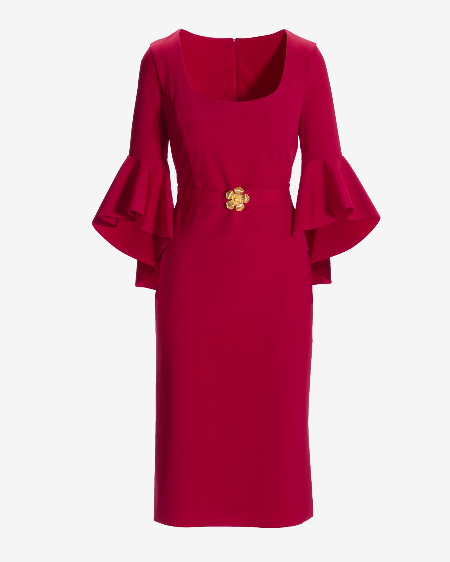 Floral Belt Cascading Sleeve Scoop Neck Column Dress Jester Red