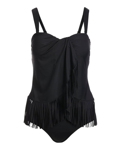 Fringe Bandeau Tankini Swimsuit Black
