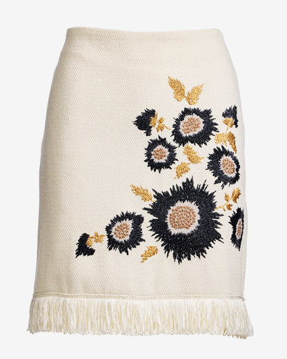 Floral Embroidered Raffia Fringe Mini Skirt Black/Ecru