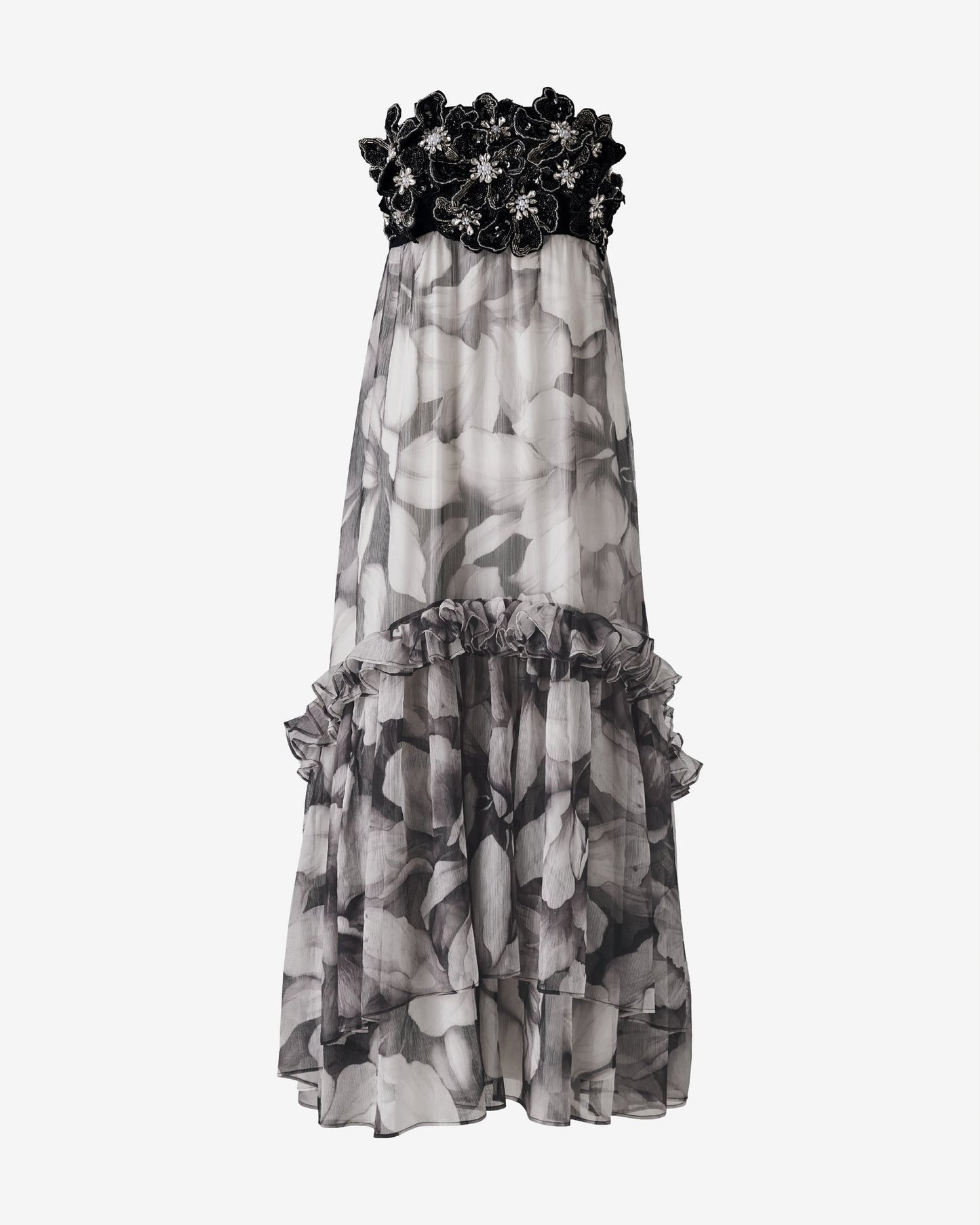Embellished Floral Applique Strapless Flowy Maxi Dress Iris Silhouette