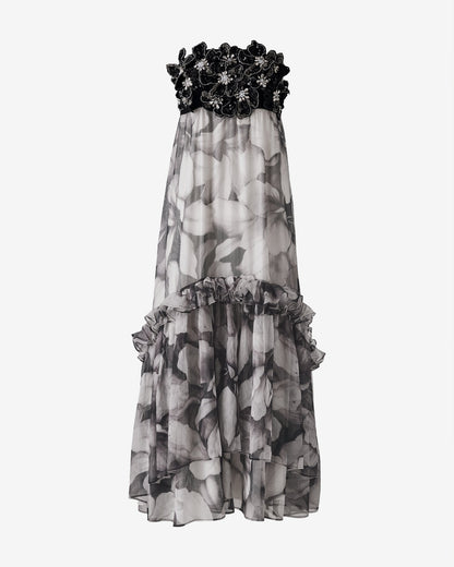 Embellished Floral Applique Strapless Flowy Maxi Dress Iris Silhouette