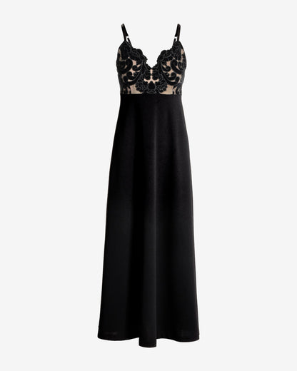Floral Velvet Bodice A-Line Maxi Dress Black