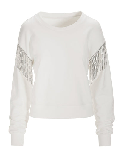 Embellished Fringe Sweatshirt White Silver