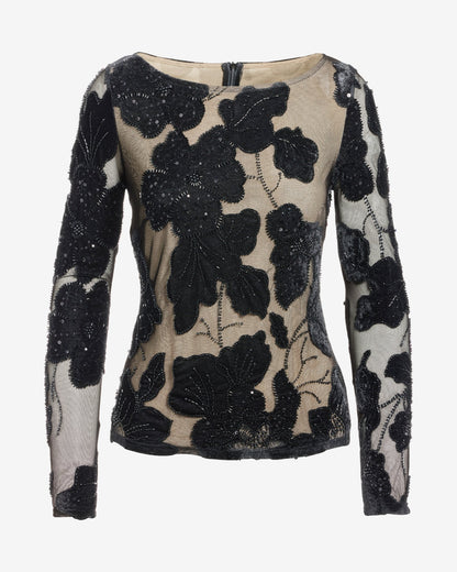 Flower Applique Mesh Long Sleeve Knit Top Proper Black