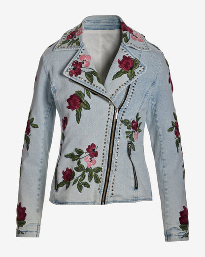 Floral Embroidered Studded Denim Moto Jacket Light Wash